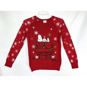 PEANUTS Snoopy Christmas Sweater Adult Sz Small Red Doghouse Lights Snowflakes
